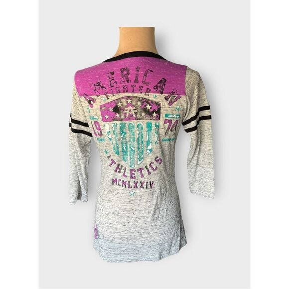 American Fighter Women's M Split Neck Fighter Training Graphic Tee Gray Purple - Picture 6 of 6